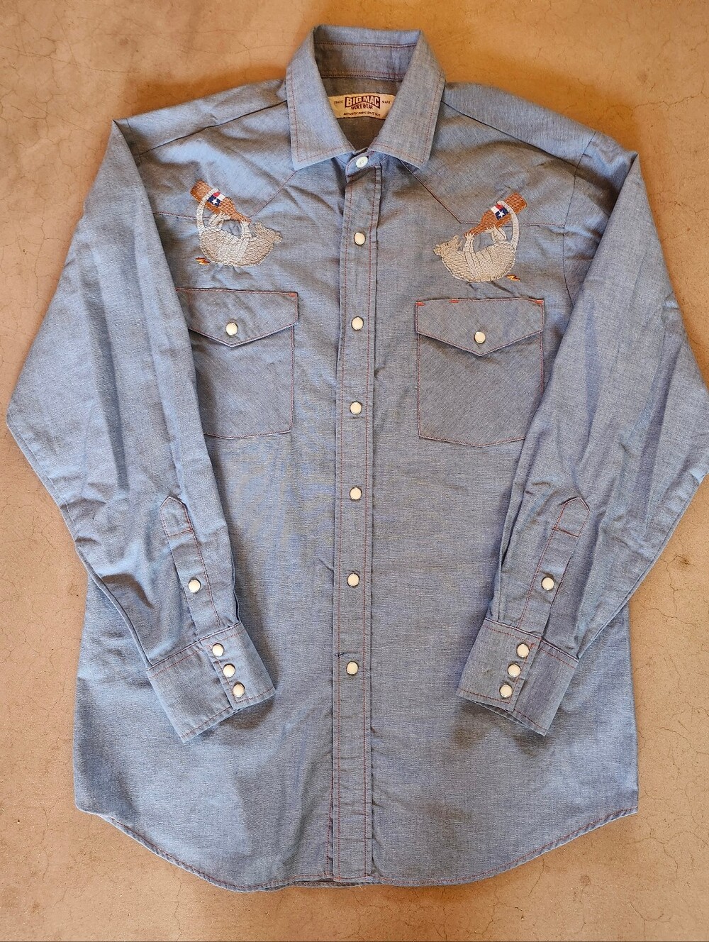 Vintage 70s Big Mac Embroidered Chambray Pearl Snap Western Shirt Lonestar Beer